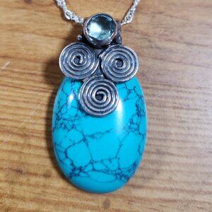 Vintage Womens Turquoise & Aquamarine Sterling Silver Necklace 16"